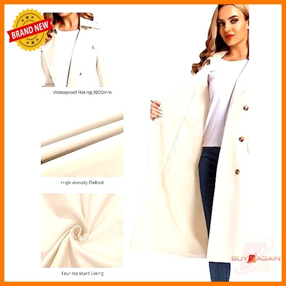 Waterproof Trench Coat Double Breasted Classic Lapel Belt Removable Hood Elegant - Picture 5 of 6